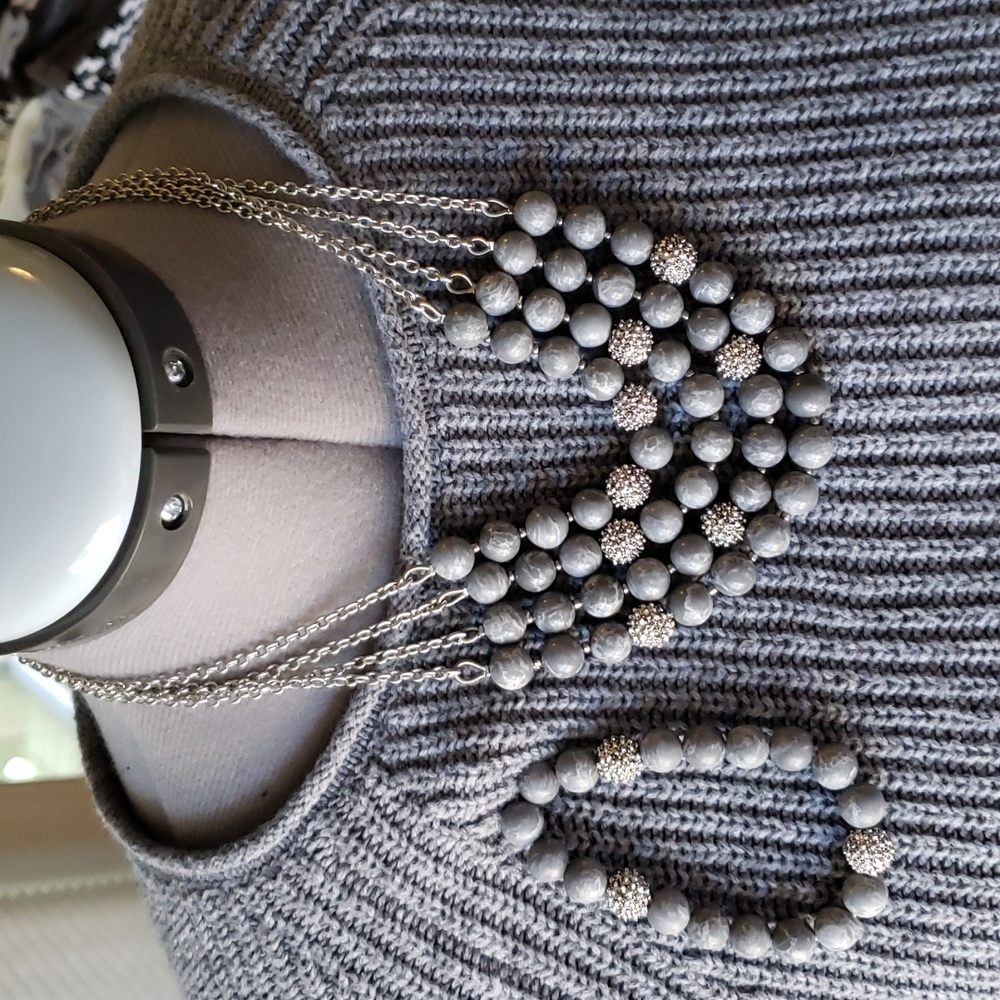 Necklace & Bracelet-Gray Marbled Stone Beads with Silver Accents